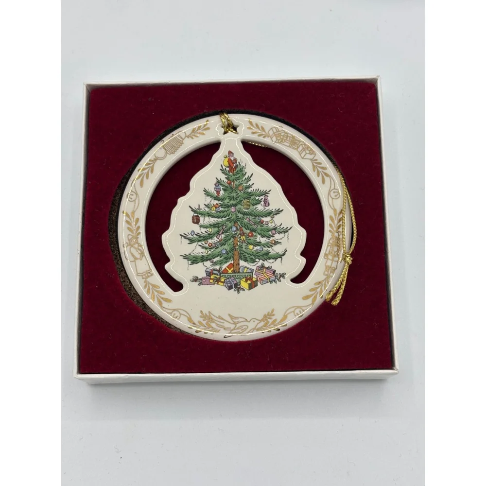 Vintage 1990s Spode Christmas Tree Ornament Ceramic Round Cutout Gold Trim Box